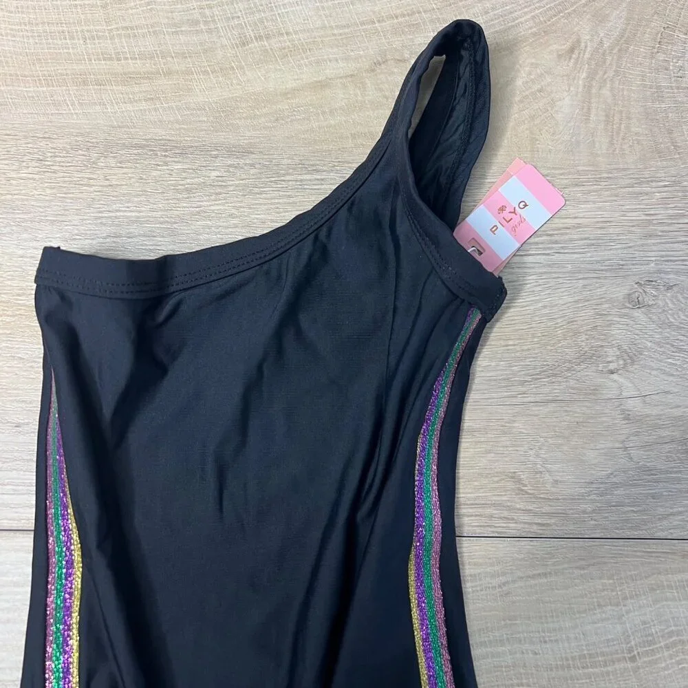 NWT Pilyq Girls One Shoulder One Piece Swimsuit Black Rainbow Metallic Size 4‎
